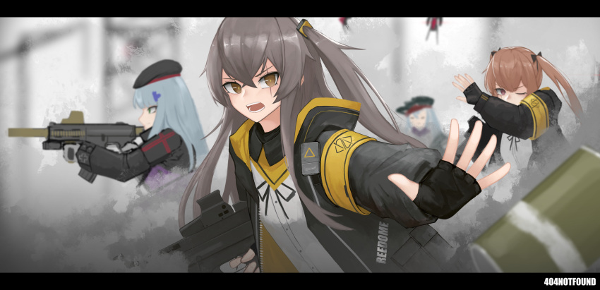 404_(girls_frontline) 4girls armband assault_rifle bangs beret blunt_bangs brown_hair commentary_request dinergate_(girls_frontline) dw explosive fingerless_gloves g11_(girls_frontline) girls_frontline gloves green_eyes grenade grey_hair gun h&amp;k_hk416 h&amp;k_ump45 hat highres hk416_(girls_frontline) holding holding_gun holding_weapon jacket letterboxed long_hair multiple_girls one_eye_closed one_side_up open_mouth rifle scar scar_across_eye silver_hair smoke straight_hair throwing ump45_(girls_frontline) ump9_(girls_frontline) very_long_hair weapon yellow_eyes