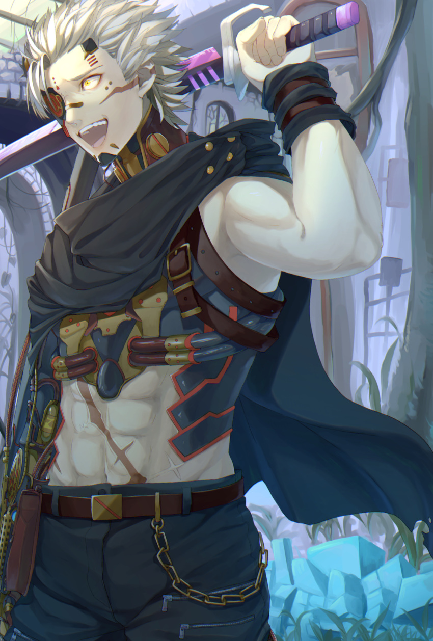 1boy abs anval belt belt_pouch black_cape cape chain day eyepatch facial_mark facial_scar graffiti_smash highres holding holding_sword holding_weapon kuronotenji male_focus midriff navel open_mouth outdoors pants pouch scar spiky_hair standing sword weapon white_hair yellow_eyes