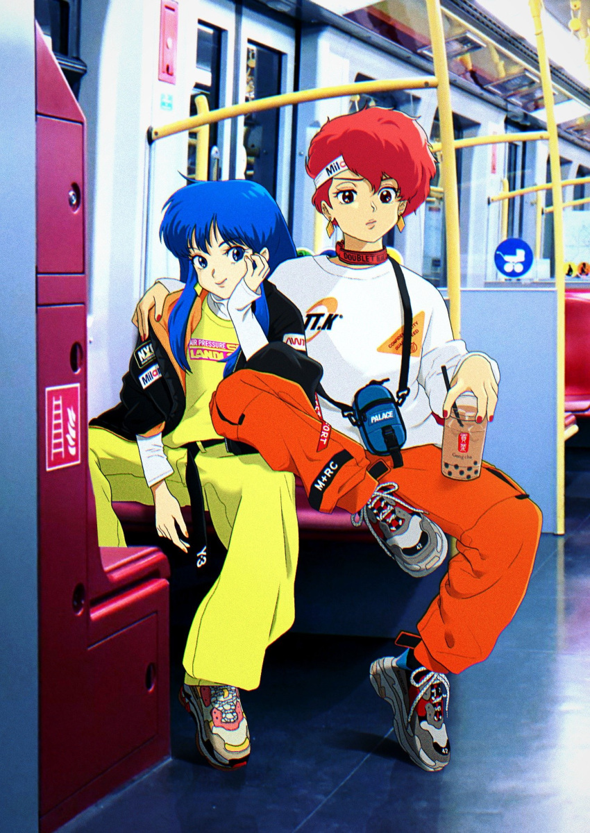 2girls 80s arm_around_shoulder bag belt blue_eyes blue_hair brown_eyes bubble_tea cargo_pants casual chin_rest choker commentary commentary_request dirty_pair earrings english_commentary fashion headband highres jewelry kei_(dirty_pair) long_hair looking_at_viewer making-of_available multiple_girls nail_polish nemo_brand oldschool pants photo_background product_placement redhead shoes short_hair sidelocks sitting sneakers subway sweater train_interior yuri_(dirty_pair)