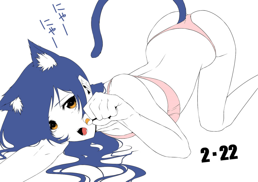 1girl all_fours animal_ears bangs blue_hair bra cat_ears cat_tail commentary_request hair_between_eyes long_hair looking_at_viewer love_live! love_live!_school_idol_project open_mouth panties paw_pose pink_bra pink_panties simple_background solo sonoda_umi tail underwear underwear_only vice_(kuronekohadokoheiku) white_background yellow_eyes