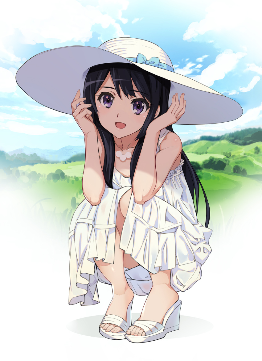 1girl :d bangs bare_shoulders black_hair blue_sky clouds dress hat hibike!_euphonium high_heels highres hill kousaka_reina long_hair looking_at_viewer nyoro_(nyoronyoro000) open_mouth sandals sky sleeveless sleeveless_dress smile solo squatting sun_hat sundress violet_eyes white_dress