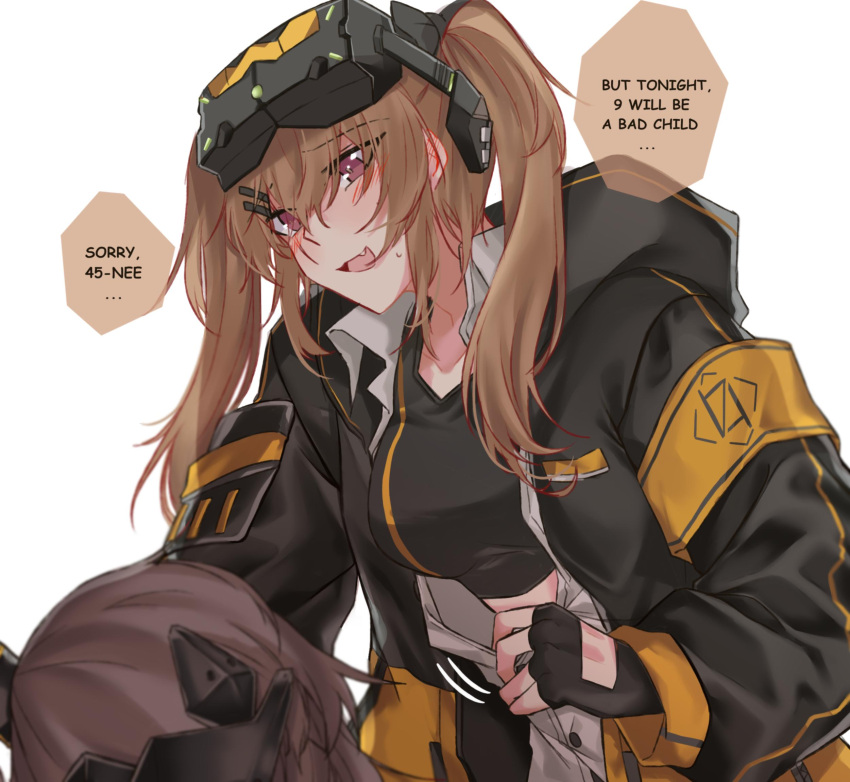 2girls armband black_gloves black_jacket blush brown_hair english_commentary english_text eyebrows_visible_through_hair fingerless_gloves girls_frontline gloves goggles goggles_on_head hair_between_eyes highres hood hooded_jacket jacket long_hair long_sleeves mod3_(girls_frontline) multiple_girls open_clothes open_mouth open_shirt scar scar_across_eye shirt simple_background twintails ump45_(girls_frontline) ump9_(girls_frontline) white_background white_shirt yuutama2804
