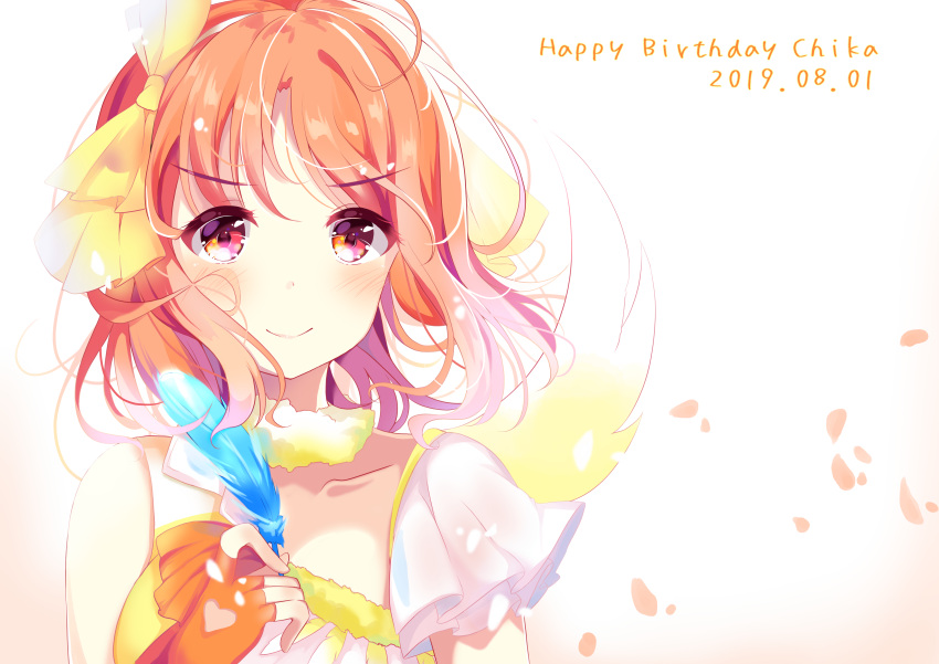 1girl absurdres bangs birthday blue_feathers character_name commentary_request daisuki_dattara_daijoubu! dated depe english_text fingerless_gloves gloves happy_birthday highres looking_at_viewer love_live! love_live!_sunshine!! next_sparkling!! orange_gloves orange_hair red_eyes short_hair solo takami_chika upper_body wings