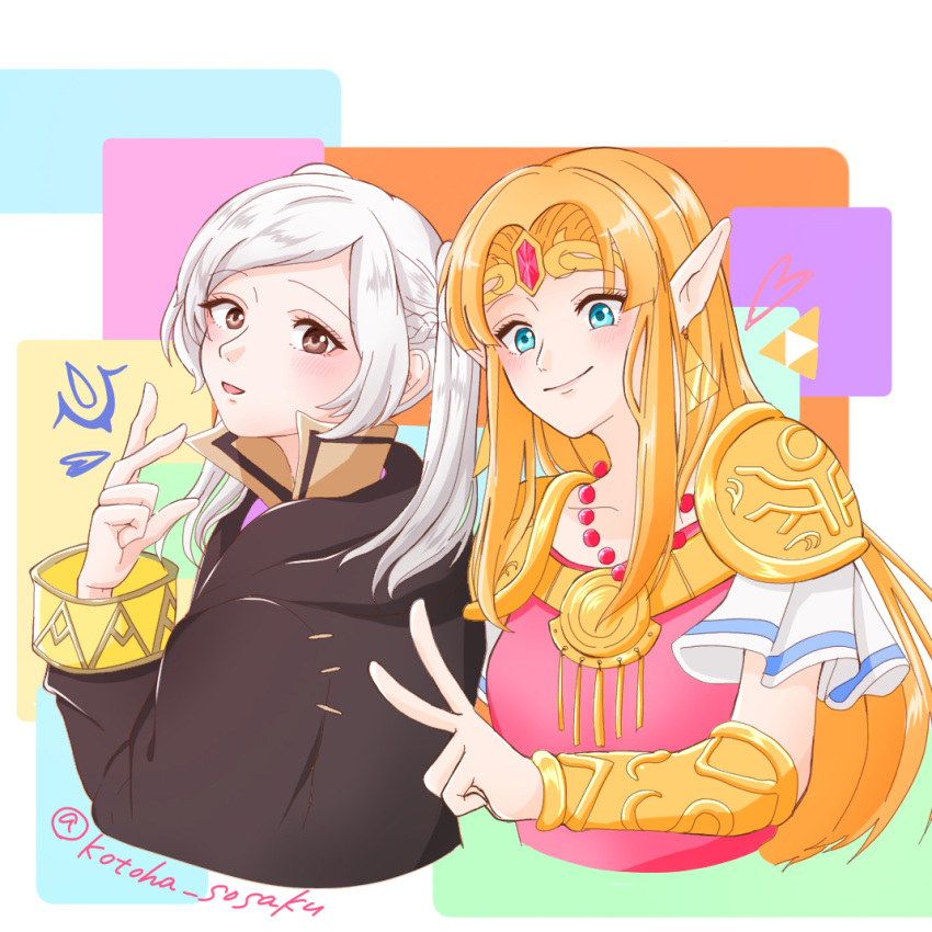 2girls :d artist_name bead_necklace beads black_cloak blonde_hair blue_eyes blush bracer braid brown_eyes circlet cloak collarbone commentary_request cropped_torso crossover dress elf eyebrows_visible_through_hair female_my_unit_(fire_emblem:_kakusei) fire_emblem fire_emblem:_kakusei fire_emblem_awakening french_braid gem hand_up heart hood hooded_cloak human hylian intelligent_systems jewelry kotoha_(alice_sea) long_hair long_sleeves looking_at_viewer multiple_girls my_unit_(fire_emblem:_kakusei) necklace nintendo nintendo_ead open_mouth pauldrons pink_dress pointy_ears princess princess_zelda reflet robin_(fire_emblem) robin_(fire_emblem)_(female) short_sleeves silver_hair smile sora_(company) super_smash_bros. super_smash_bros._ultimate the_legend_of_zelda the_legend_of_zelda:_a_link_between_worlds triforce twintails twitter_username upper_body v white_background wide_sleeves zelda_no_densetsu
