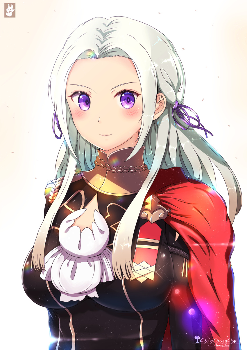 &gt;:) 1girl artist_name blush breasts cape chinchongcha commentary cravat deviantart edelgard_von_hresvelgr_(fire_emblem) fire_emblem fire_emblem:_three_houses fire_emblem:_three_houses gloves hair_ornament hair_ribbon highres intelligent_systems koei_tecmo large_breasts light_particles long_hair looking_at_viewer nintendo portrait red_cape ribbon signature simple_background smile solo uniform upper_body violet_eyes white_hair