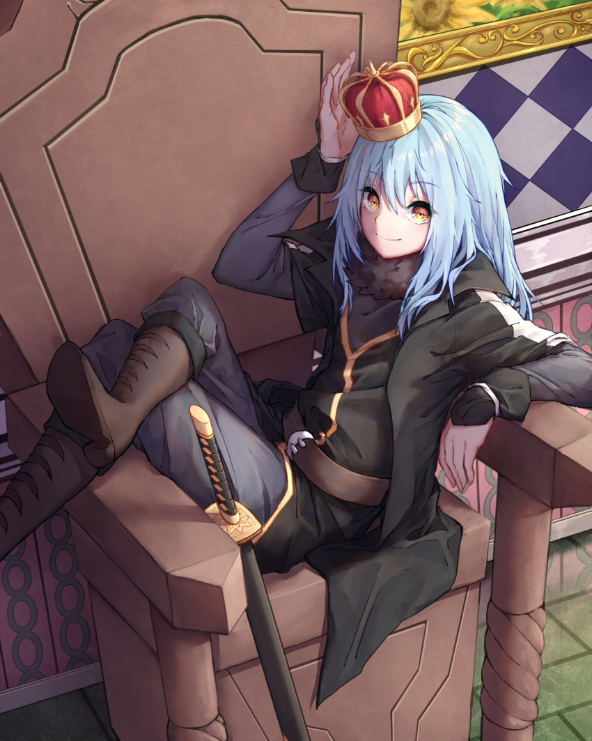 1girl androgynous belt belt_buckle black_coat blue_hair brown_belt brown_footwear buckle closed_mouth crown eyebrows_visible_through_hair grey_pants grey_shirt hair_between_eyes highres indoors long_hair long_sleeves looking_at_viewer pants rimuru_tempest sheath sheathed shiny shiny_hair shirt sitting solo sword tensei_shitara_slime_datta_ken weapon yellow_eyes yilocity