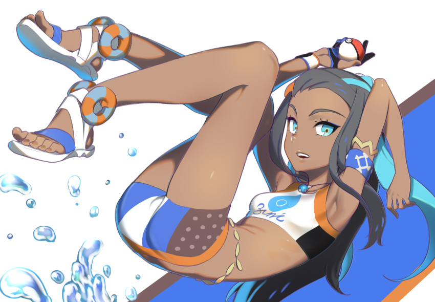 1girl armlet armpits arms_up belly_chain blue_eyes dark_skin earrings eyeliner forehead full_body gloves h_kasei highres holding holding_poke_ball hoop_earrings jewelry looking_at_viewer makeup multicolored_hair necklace open_mouth partly_fingerless_gloves pendant poke_ball poke_ball_(generic) pokemon pokemon_(game) pokemon_swsh rurina_(pokemon) sandals single_glove solo swimsuit tankini two-tone_hair water