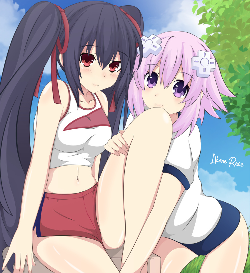 2girls akane_rose alternate_costume artist_name black_hair blush breasts buruma choujigen_game_neptune clouds cloudy_sky collarbone cowboy_shot crop_top d-pad d-pad_hair_ornament day eyebrows_visible_through_hair hair_between_eyes hair_ornament hair_ribbon highres hug knee_up lavender_hair looking_at_viewer medium_breasts midriff multiple_girls navel neptune_(neptune_series) neptune_(series) noire outdoors red_eyes ribbon shirt short_hair short_shorts short_sleeves shorts signature sitting sky sleeveless smile sportswear standing tank_top thigh_gap thighs tree twintails violet_eyes