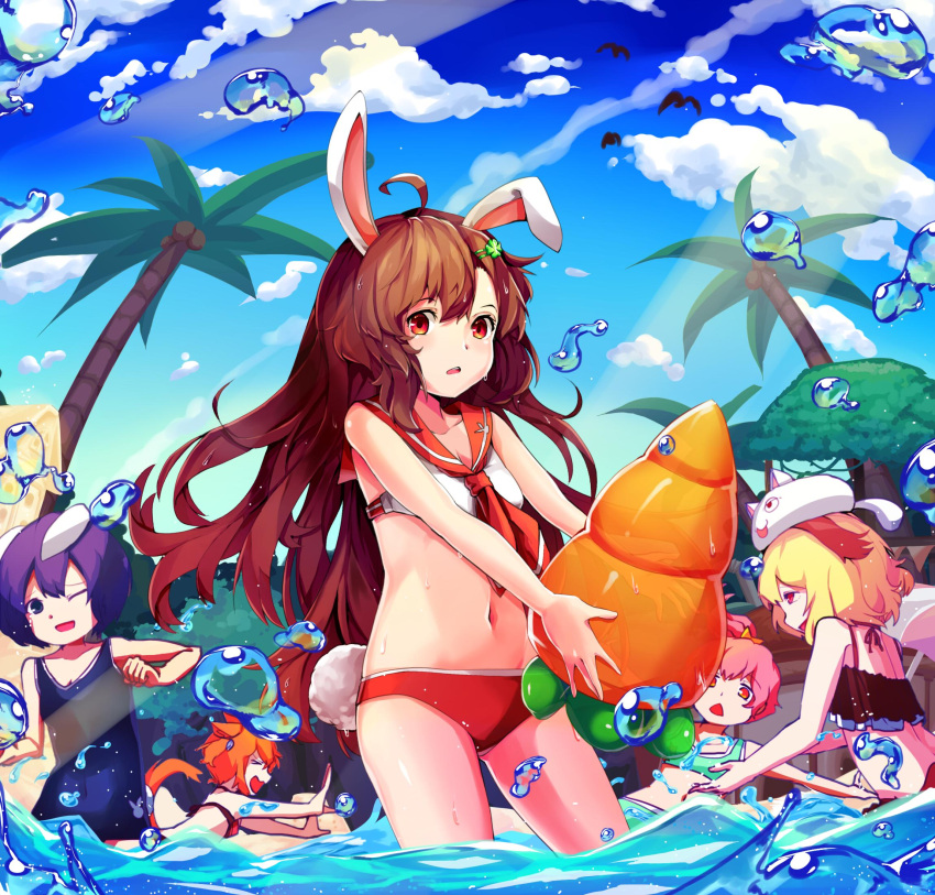 &gt;_&lt; 5girls ahoge animal_ears bikini black_bikini blonde_hair borrowed_character brown_eyes brown_hair bunny_tail carrot cat_ears cat_tail character_request closed_eyes clouds commentary_request covered_navel green_bikini hair_ornament hairclip highres inflatable_toy korean_commentary long_hair megato multiple_girls navel one-piece_swimsuit one_eye_closed open_mouth orange_hair original outdoors outstretched_arms palm_tree pink_hair ponytail purple_hair rabbit_ears red_bikini_bottom red_eyes school_swimsuit short_hair sky smile swimsuit tail tree violet_eyes wading water white_bikini_top