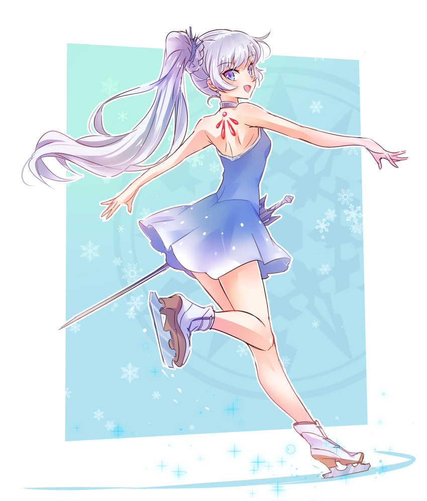 1girl absurdres adapted_costume bare_shoulders blue_eyes earrings halter_dress high_collar highres ice_skates iesupa jewelry long_hair magic_circle myrtenaster necklace pendant ponytail rapier rwby scar scar_across_eye shoulder_blades side_ponytail skates solo sword tiara weapon weiss_schnee white_hair
