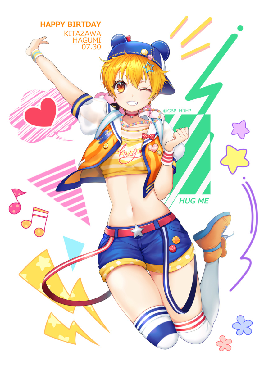 1girl ;d animal_ears arm_up backwards_hat bang_dream! baseball_cap bead_necklace beads belt blonde_hair blue_shorts character_name choker clothes_writing crop_top cropped_jacket cursive dated fake_animal_ears grin hand_up happy_birthday hat highres jacket jewelry kitazawa_hagumi looking_at_viewer midriff minori_(faddy) musical_note navel necklace one_eye_closed open_mouth orange_eyes orange_jacket outstretched_arm red_choker shirt shoes short_hair short_shorts short_sleeves shorts smile solo star striped suspenders sweatband thigh-highs twitter_username white_legwear yellow_shirt