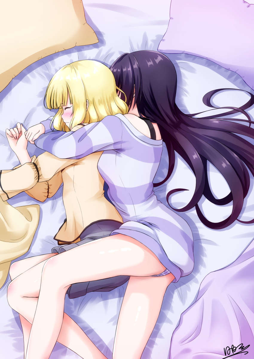 2girls bed_sheet black_hair blonde_hair blush closed_eyes closed_mouth dress from_above gochuumon_wa_usagi_desu_ka? gradient_hair grey_shorts highres hinata_tino hug hug_from_behind kirima_sharo long_hair long_sleeves lying multicolored_hair multiple_girls on_bed on_side panties purple_hair shiny shiny_hair shirt short_hair short_shorts shorts signature sleeping striped striped_sweater sweater sweater_dress tedeza_rize underwear very_long_hair white_panties yellow_shirt yuri