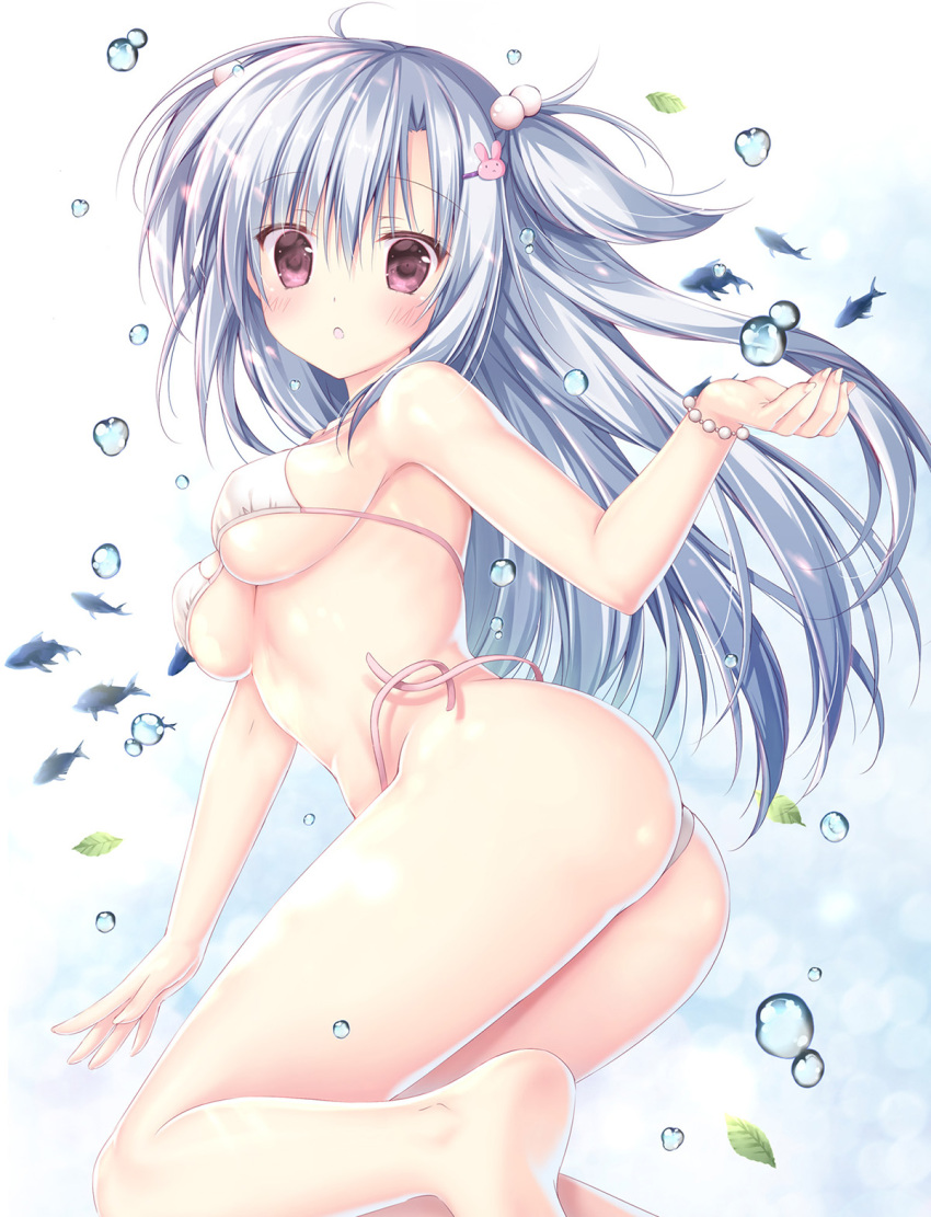 1girl :o air_bubble amazing_grace_-what_color_is_your_attribute?- ass bikini blue_hair blush bracelet breasts bubble cabbage_soft commentary_request eyebrows_visible_through_hair fish hair_between_eyes hair_ornament hairclip highres jewelry korie_riko leaf long_hair looking_at_viewer medium_breasts open_mouth pink_bikini pose side-tie_bikini solo summer swimsuit violet_eyes wardrobe_malfunction yune_(amazing_grace)