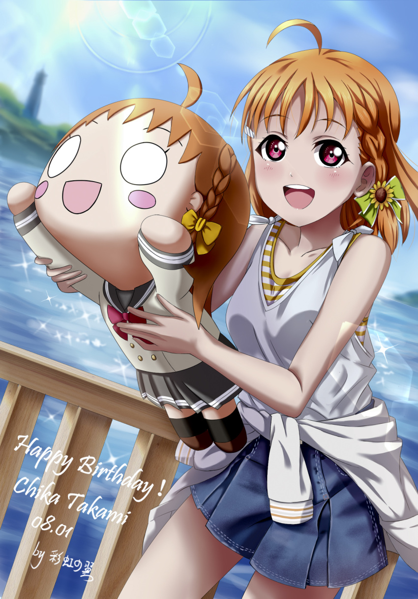 10s 1girl ahoge artist_name ascii_media_works bangs birthday blush_stickers braid bushiroad character_doll commentary_request cute dated doll dual_persona english_text happy_birthday highres holding holding_doll human looking_at_viewer love_live! love_live!_sunshine!! miniskirt nesoberi ocean orange_hair red_eyes sega short_hair side_braid skirt sleeveless solo sunrise_(studio) takami_chika xiaoxin041590