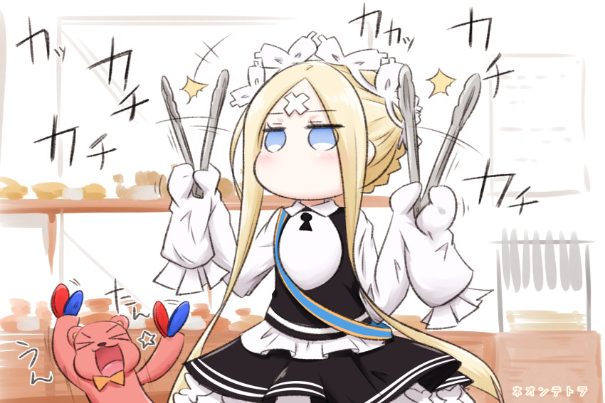 &gt;_&lt; +++ 1girl :d abigail_williams_(fate/grand_order) bangs black_dress blonde_hair blue_eyes braid butterfly_hair_ornament closed_eyes commentary_request crossed_bandaids dress fate/grand_order fate_(series) hair_ornament highres holding keyhole long_hair long_sleeves looking_away motion_lines neon-tetora open_mouth parted_bangs shirt sidelocks signature sleeveless sleeveless_dress sleeves_past_fingers sleeves_past_wrists smile solo star stuffed_animal stuffed_toy teddy_bear tongs translated very_long_hair white_shirt xd