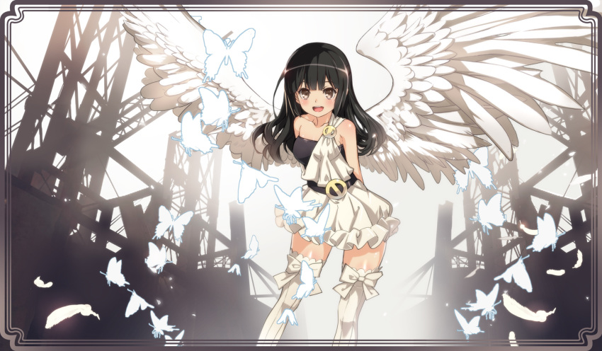 1girl :d angel angel_wings animal_print arms_behind_back belt black_hair butterfly_print collarbone feathered_wings grey_eyes leaning_forward long_hair looking_at_viewer nyoro_(nyoronyoro000) open_mouth original smile solo thigh-highs white_legwear white_wings wings zettai_ryouiki