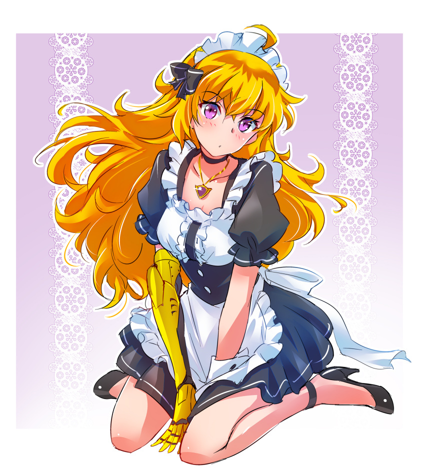 1girl absurdres ahoge alternate_costume apron black_dress blonde_hair breasts dress enmaided frilled_apron frills high_heels highres iesupa jewelry large_breasts long_hair maid maid_apron maid_headdress pendant puffy_short_sleeves puffy_sleeves rwby short_sleeves solo violet_eyes waist_apron wavy_hair white_apron wrist_cuffs yang_xiao_long