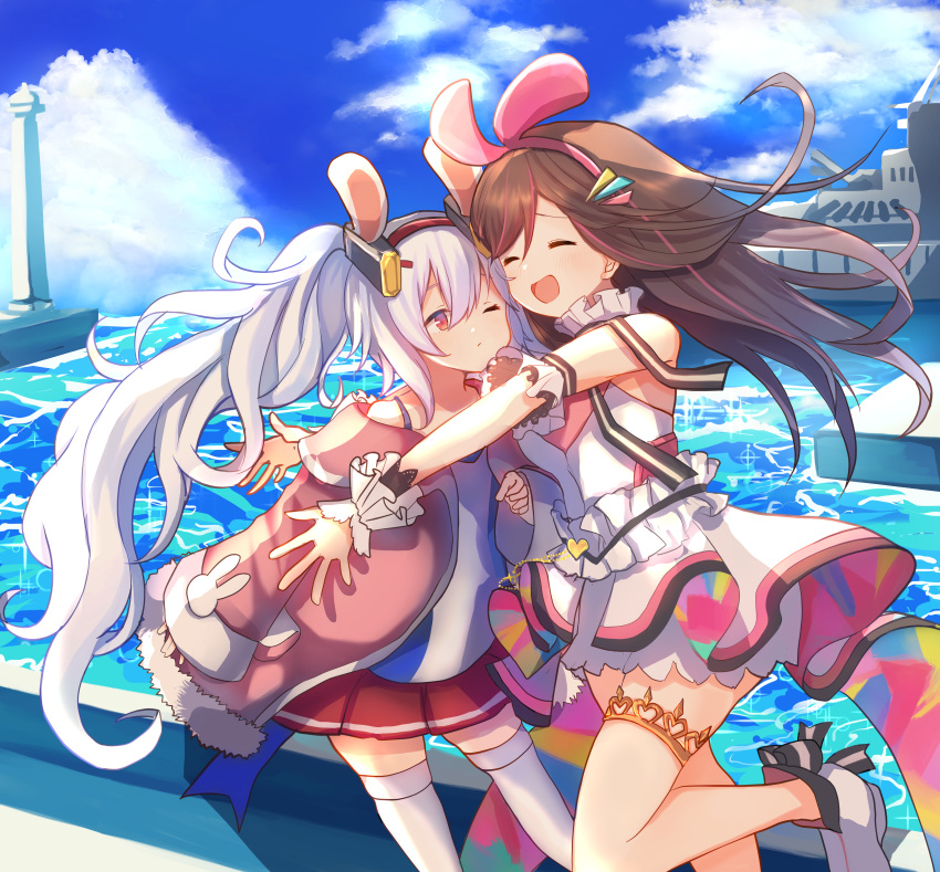 2girls a.i._channel absurdres animal_ears azur_lane bangs bare_shoulders blue_sky brown_hair check_commentary closed_eyes closed_mouth commentary commentary_request crossover day detached_collar dock frilled_skirt frills hair_between_eyes hairband heart highres hug huge_filesize jacket kizuna_ai kizuna_ai_(anniversary)_(azur_lane) laffey_(azur_lane) lighthouse long_hair long_sleeves looking_at_another multicolored_hair multiple_girls ocean one_eye_closed open_mouth outdoors pleated_skirt rabbit_ears red_eyes silver_hair skirt sky sleeveless sleeves_past_wrists standing standing_on_one_leg streaked_hair sunlight thigh-highs thigh_strap twintails umika35 very_long_hair white_footwear white_legwear wrist_cuffs