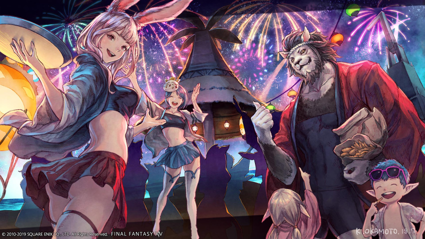 2boys 3girls 6+others animal_ears artist_name artist_request ass black_hair blue_hair breasts building cat_ears closed_eyes eating facing_away fangs festival final_fantasy final_fantasy_xiv fireworks fish_and_chips furry highres hrothgar hyur jacket lalafell lantern long_hair looking_at_viewer looking_back medium_breasts midriff multiple_boys multiple_girls multiple_others night official_art open_clothes open_jacket open_mouth pink_eyes pink_hair pointy_ears short_hair silhouette silver_hair skirt square_enix strapless thigh-highs tray tubetop viera watermark white_legwear