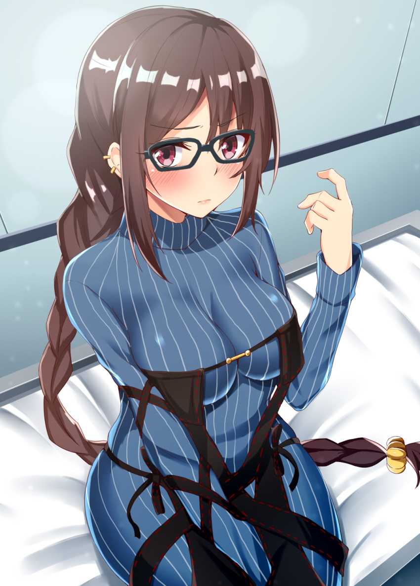 1girl bangs blush braid breasts brown_hair commentary_request consort_yu_(fate) ear_piercing eyebrows_visible_through_hair fate/grand_order fate_(series) from_above glasses hair_between_eyes hair_ornament hair_scrunchie highres long_braid long_hair long_sleeves looking_at_viewer nishimura_pn piercing red_eyes scrunchie single_braid sitting solo striped striped_sweater sweater very_long_hair yellow_scrunchie