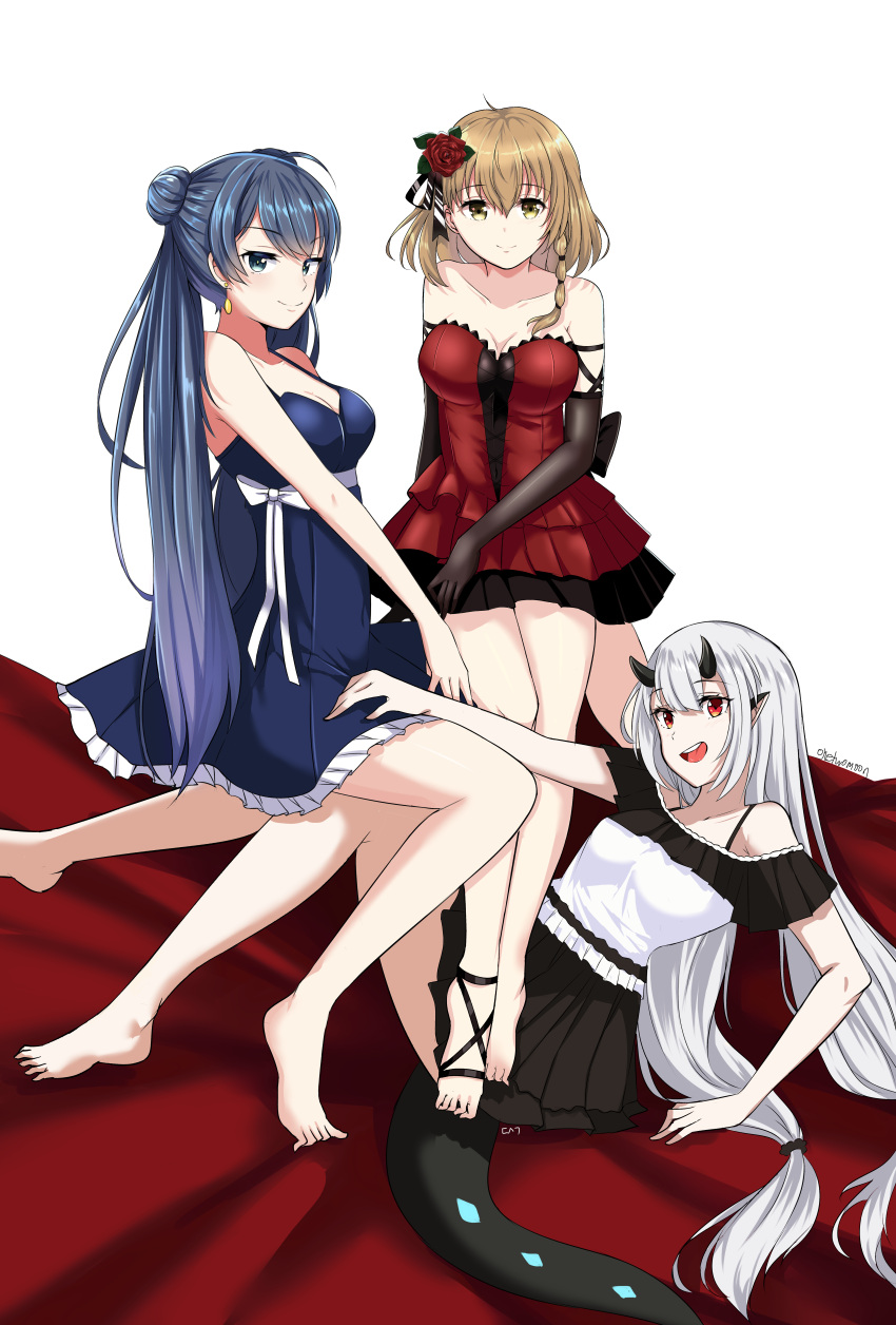 3girls absurdres bell bellona_(epic7) black_hair breasts brown_hair dress epic7 green_eyes hair_ribbon highres large_breasts looking_at_viewer multiple_girls open_mouth red_eyes ribbon tail tamarine_(epic7) twomoon white_hair yufine_(epic7)