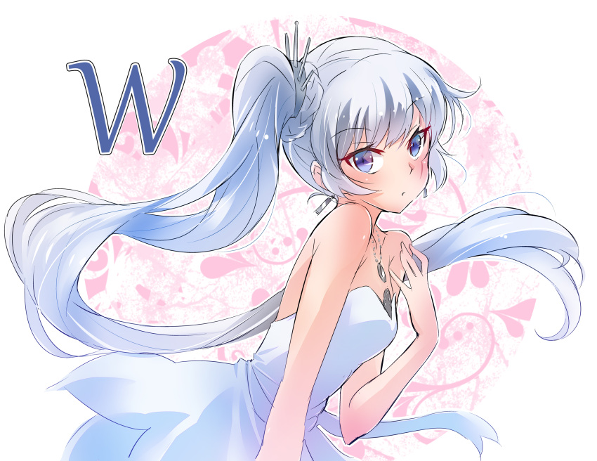 1girl bare_shoulders blue_eyes dress earrings highres iesupa jewelry long_hair necklace pendant rwby scar scar_across_eye side_ponytail solo strapless strapless_dress tiara weiss_schnee white_dress white_hair