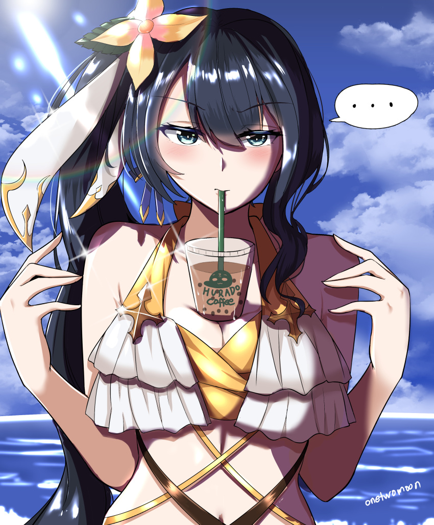 ... 1girl absurdres artist_name bangs bellona_(epic7) between_breasts bikini black_hair blue_sky breasts bubble_tea bubble_tea_challenge cup disposable_cup drinking_straw epic7 flower glint green_eyes hair_flower hair_ornament hair_ribbon hands_up highres large_breasts long_hair looking_at_viewer navel outdoors ribbon sky spoken_ellipsis swimsuit twomoon