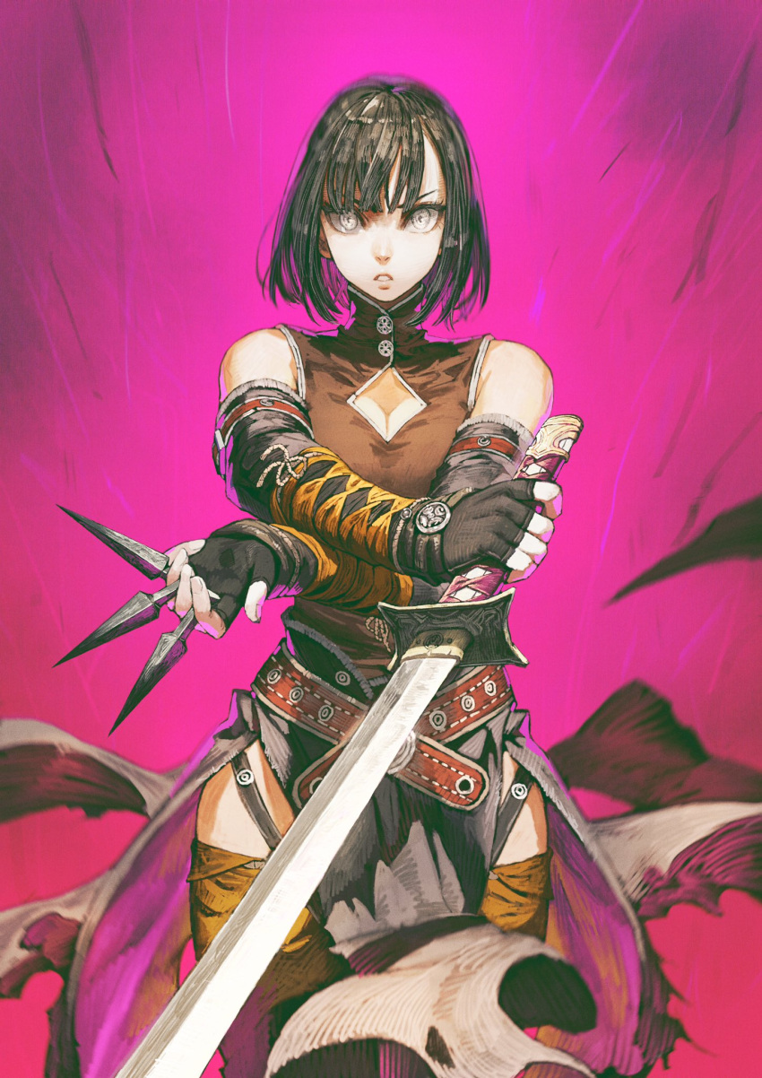 1girl bare_shoulders black_hair cleavage_cutout commentary_request detached_sleeves fingerless_gloves gloves grey_eyes highres jun_(seojh1029) katana katana_(seojh1029) kunai looking_at_viewer original parted_lips reverse_grip short_hair simple_background sword tsurime weapon