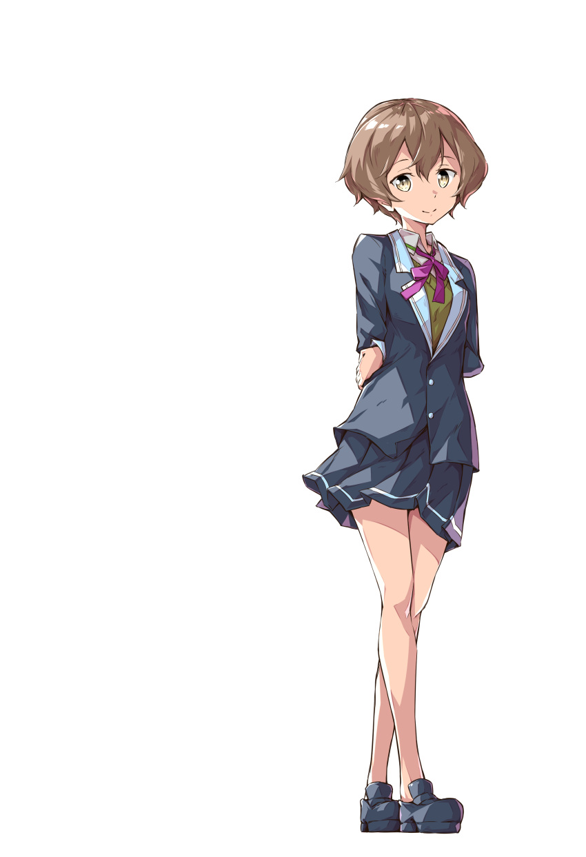 1girl absurdres arms_behind_back blazer blue_footwear blue_skirt brown_eyes brown_hair closed_mouth collared_shirt commentary_request fujimori_mito hair_between_eyes hand_on_hip hand_on_own_arm highres jacket loafers looking_at_viewer neck_ribbon nogi_wakaba_wa_yuusha_de_aru pink_ribbon pleated_skirt ribbon sakuria school_uniform shirt shoes simple_background skirt smile solo standing sweater_vest white_background white_shirt wing_collar yuusha_de_aru