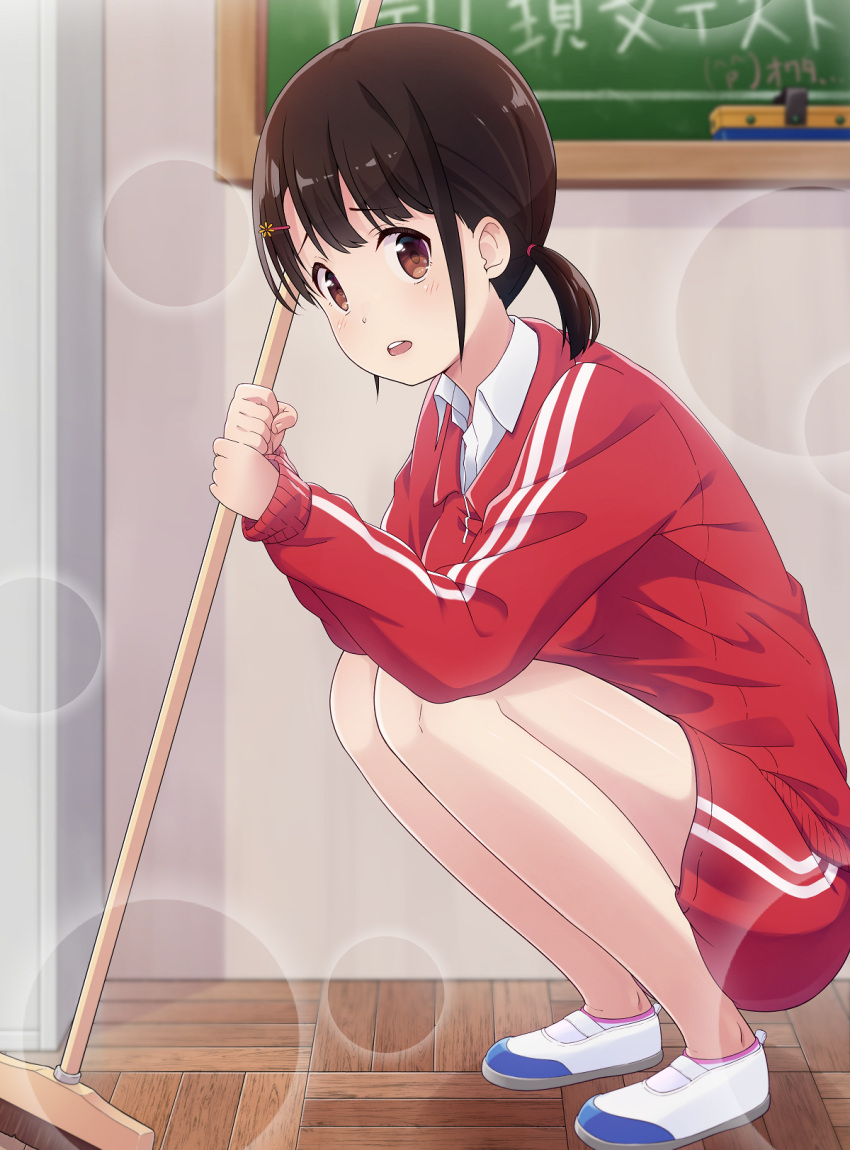 1girl ankle_socks bangs blush broom brown_eyes brown_hair collared_shirt commentary_request dress_shirt eyebrows_visible_through_hair fingernails full_body gym_uniform hair_ornament hairclip highres holding holding_broom indoors jabittoson jacket looking_at_viewer low_twintails original red_jacket red_shorts shirt shoes short_shorts short_twintails shorts solo squatting track_jacket twintails upper_teeth uwabaki white_footwear white_legwear white_shirt wooden_floor