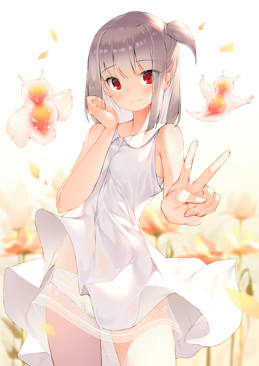1girl :3 bangs bare_arms bare_shoulders blush bra closed_mouth collared_dress dress eyebrows_visible_through_hair grey_hair hand_up highres lee_seok_ho long_hair looking_at_viewer one_side_up original outstretched_arm panties red_eyes see-through sidelocks sleeveless sleeveless_dress solo underwear v white_bra white_dress white_panties
