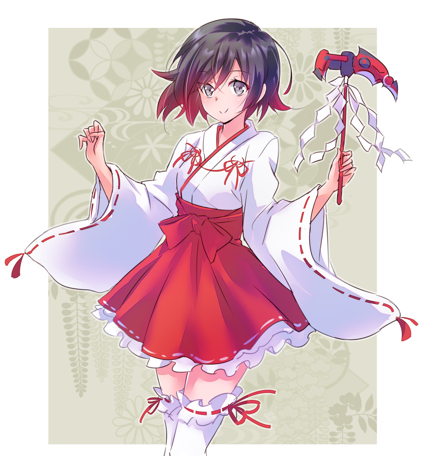 1girl absurdres adapted_object alternate_costume black_hair crescent_rose dress eyebrows_visible_through_hair feet_out_of_frame frilled_dress frills gradient_hair grey_eyes highres holding holding_scythe holding_weapon iesupa japanese_clothes looking_at_viewer messy_hair miko multicolored_hair red_ribbon redhead ribbon ruby_rose rwby scythe shinto short_hair smile solo thigh-highs two-tone_hair weapon white_legwear