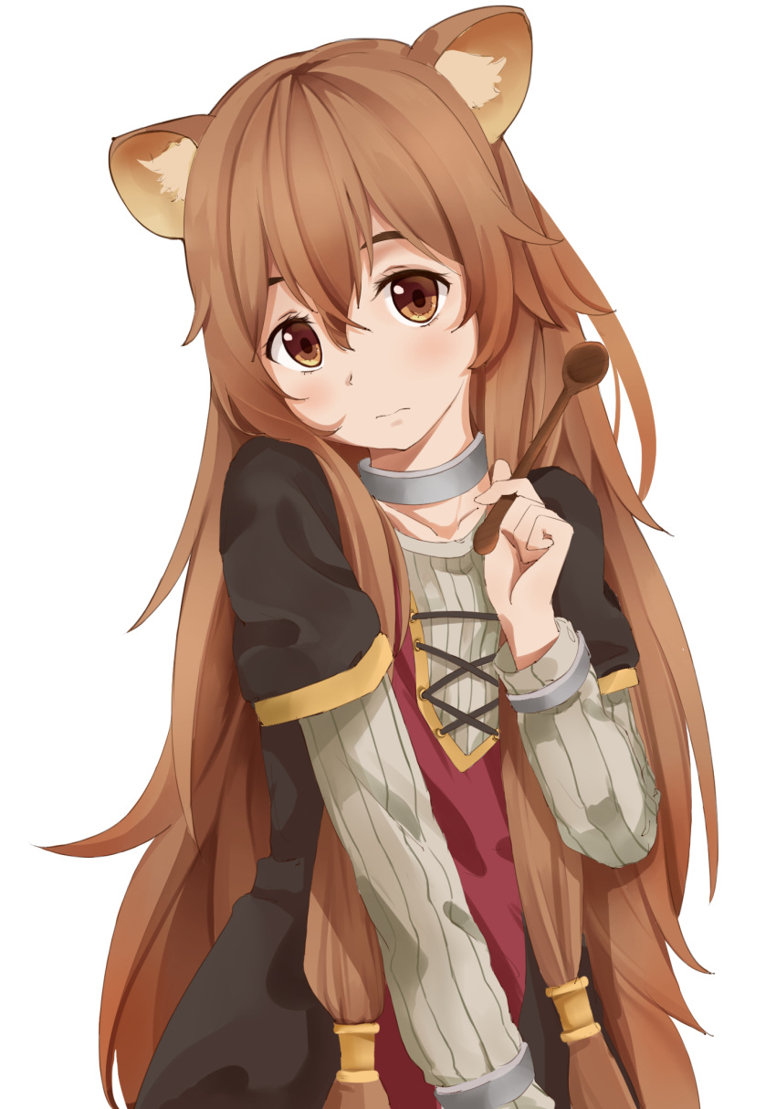 1girl amco animal_ears brown_eyes brown_hair closed_mouth collar collarbone grey_sweater hair_between_eyes head_tilt highres holding holding_spoon long_hair long_sleeves raccoon_ears raphtalia ribbed_sweater short_over_long_sleeves short_sleeves simple_background solo spoon sweater tate_no_yuusha_no_nariagari upper_body very_long_hair white_background wooden_spoon