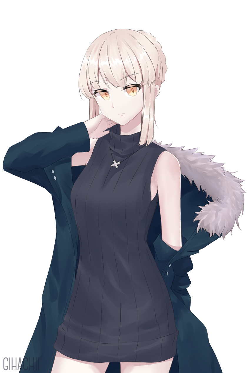 1girl absurdres artoria_pendragon_(all) bare_shoulders black_jacket braid breasts commentary eyebrows_visible_through_hair fate/grand_order fate_(series) frown fur_trim gihachii highres jacket jewelry looking_at_viewer medium_breasts necklace saber_alter sleeveless solo striped striped_sweater sweater yellow_eyes