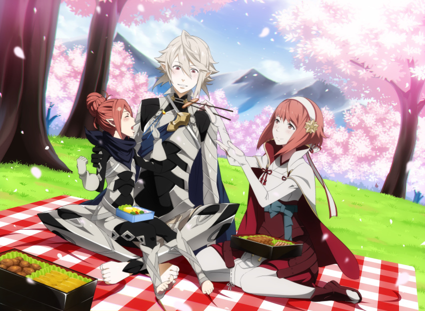 1girl 2girls absurdres ahoge armor brown_eyes cape cherry_blossoms chopsticks corrin_(fire_emblem) corrin_(fire_emblem)_(male) elbow_gloves father_and_daughter feeding fire_emblem fire_emblem_fates gloves hair_ribbon highres holding holding_chopsticks japanese_clothes kanna_(fire_emblem) kimono mother_and_daughter mountain multiple_girls obentou outdoors petals pointy_ears red_eyes redhead ribbon sakura_(fire_emblem) smile thigh-highs tree white_hair