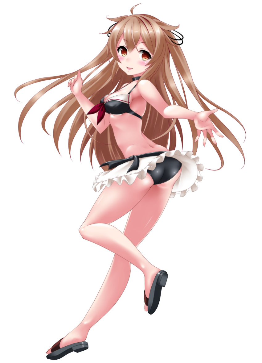 1girl ass bikini bikini_skirt black_bikini breasts brown_eyes commentary_request gradient_hair heterochromia highres kantai_collection kaze_makase light_brown_hair long_hair looking_at_viewer medium_breasts multicolored_hair murasame_(kantai_collection) red_eyes remodel_(kantai_collection) sandals simple_background skirt smile solo swimsuit two_side_up white_background white_skirt