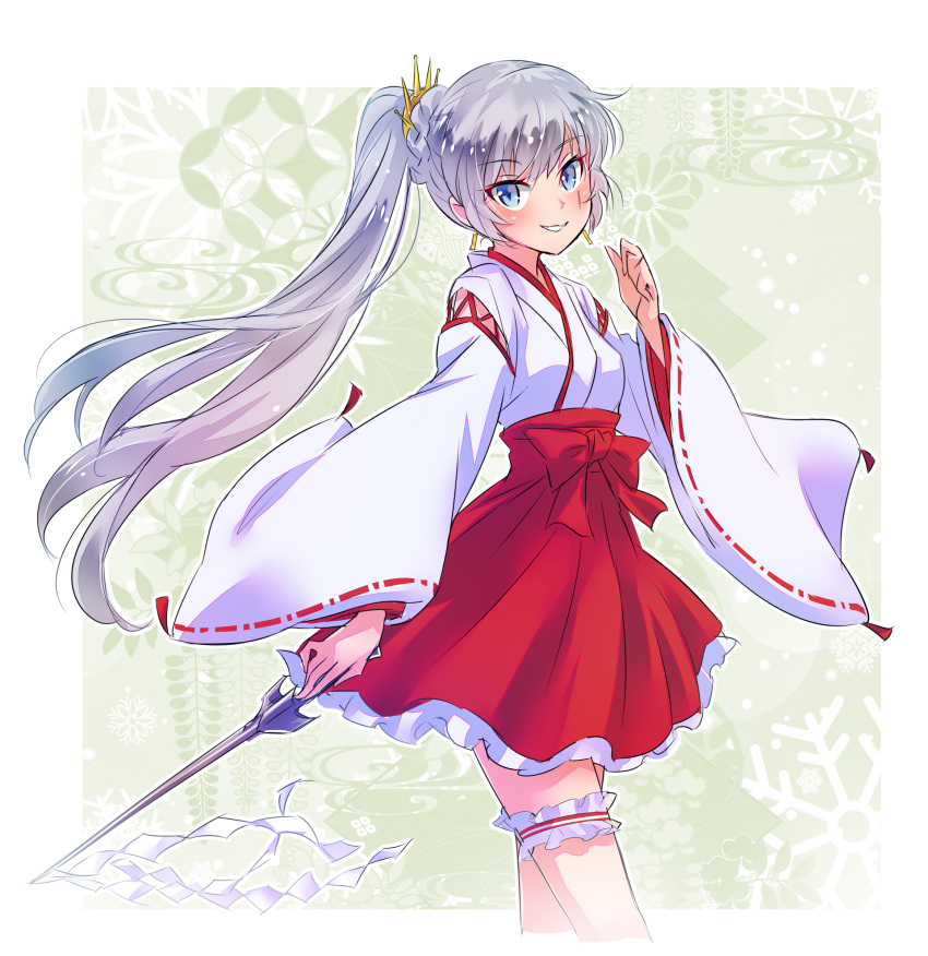 1girl absurdres adapted_object blue_eyes earrings highres iesupa japanese_clothes jewelry leg_garter long_hair miko ponytail rwby scar side_ponytail solo tiara weiss_schnee white_hair wide_sleeves