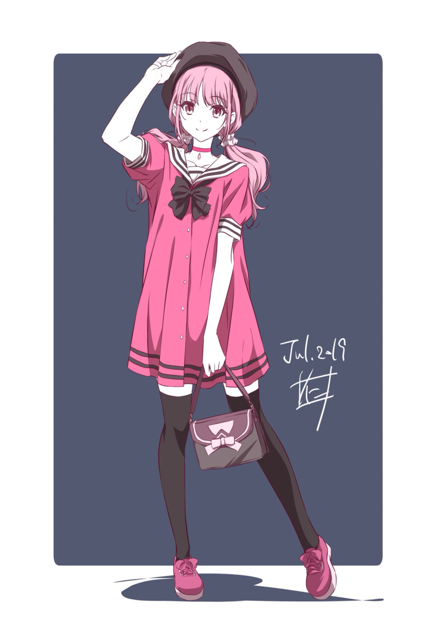 1girl 2019 arm_up bag black_headwear black_legwear blue_neckwear closed_mouth collar collarbone dated dress full_body grey_background hair_ornament hair_scrunchie handbag hat highres holding holding_bag long_hair looking_at_viewer nii_manabu original pink_dress pink_eyes pink_footwear pink_hair sailor_collar sailor_dress scrunchie shadow short_dress short_sleeves signature smile solo thigh-highs twintails two-tone_background white_background white_sailor_collar white_scrunchie zettai_ryouiki