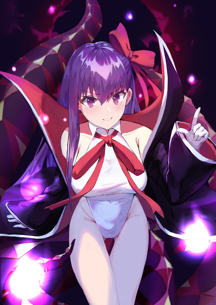 1girl absurdres ass_visible_through_thighs bangs bare_shoulders bb_(fate)_(all) bb_(swimsuit_mooncancer)_(fate) black_coat blurry breasts closed_mouth cowboy_shot depth_of_field fate/grand_order fate_(series) gloves hair_between_eyes hair_ribbon highleg highleg_leotard highres index_finger_raised large_breasts leaning_forward leotard long_hair long_sleeves looking_at_viewer neck_ribbon otomo popped_collar purple_hair red_ribbon ribbon smile solo tentacles thighs very_long_hair violet_eyes white_gloves white_leotard wide_sleeves