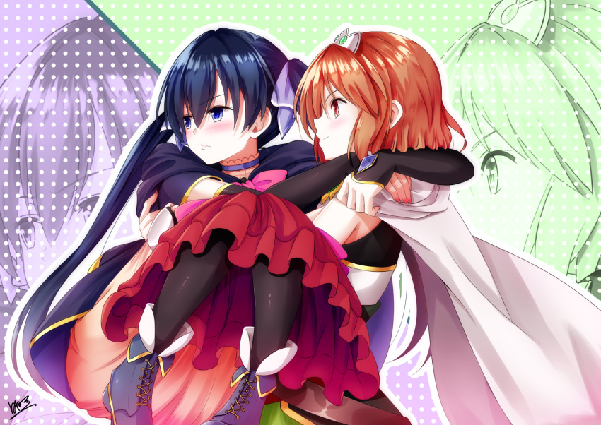 2girls arms_around_neck black_legwear black_sleeves blue_eyes blue_footwear blue_hair blush bow cape carrying choker closed_mouth detached_sleeves eyebrows_visible_through_hair floating_hair hair_between_eyes hair_bow highres hinata_tino inokuma_youko kin-iro_mosaic kirara_fantasia komichi_aya long_hair long_skirt long_sleeves looking_afar multiple_girls nail_polish orange_eyes orange_hair pink_neckwear polka_dot polka_dot_background princess_carry purple_bow red_nails short_hair signature skirt smile twintails very_long_hair white_cape