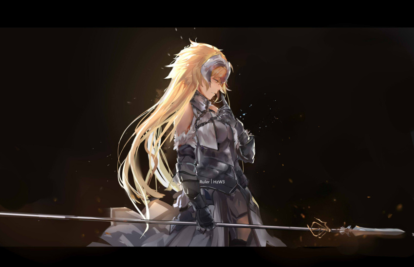 1girl armor bangs bleeding blonde_hair blood braid chain character_class character_name closed_eyes cowboy_shot cuts fate/apocrypha fate_(series) faulds fur-trimmed_gloves fur_trim gauntlets gloves glowing gorget hair_between_eyes hand_on_own_chest hand_up headpiece highres holding holding_spear holding_weapon hzw3 injury jeanne_d'arc_(fate) jeanne_d'arc_(fate)_(all) light_particles long_hair parody parted_lips plackart pointing polearm profile solo spear standard_bearer style_parody teeth very_long_hair weapon