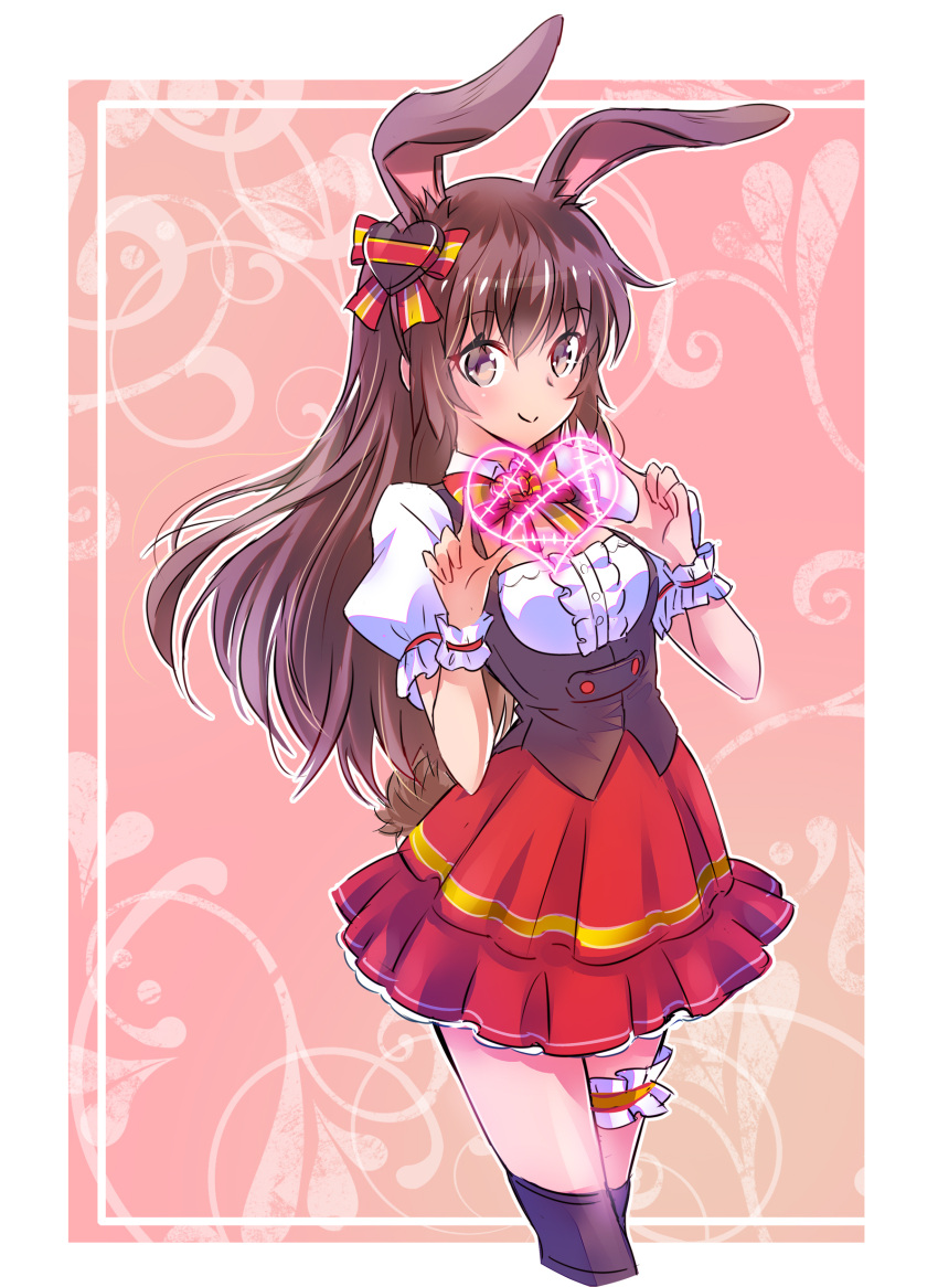 1girl absurdres animal_ears bow bowtie brown_eyes brown_hair bunny_girl bunny_tail hair_ornament hair_ribbon heart heart_hair_ornament highres iesupa long_hair looking_at_viewer pleated_skirt puffy_short_sleeves puffy_sleeves rabbit_ears ribbon rwby short_sleeves single_garter skirt solo tail thigh-highs underbust velvet_scarlatina wrist_cuffs