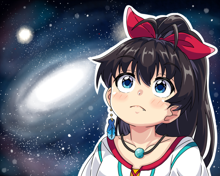 1girl antenna_hair black_hair blue_eyes bow collarbone commentary_request earrings fang galaxy ganaha_hibiki hair_bow high_ponytail highres idolmaster idolmaster_(classic) jewelry looking_up necklace ponytail solo space star_(sky) takezaka_tarou upper_body