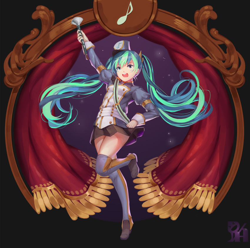 1girl :d arm_up armlet black_background black_skirt blue_eyes blue_hair curtains doremifa_rondo_(vocaloid) grey_jacket grey_legwear hair_between_eyes hat hatsune_miku highres jacket long_hair long_sleeves miniskirt open_mouth pleated_skirt skirt smile solo standing standing_on_one_leg thigh-highs user_xefs3474 very_long_hair vocaloid