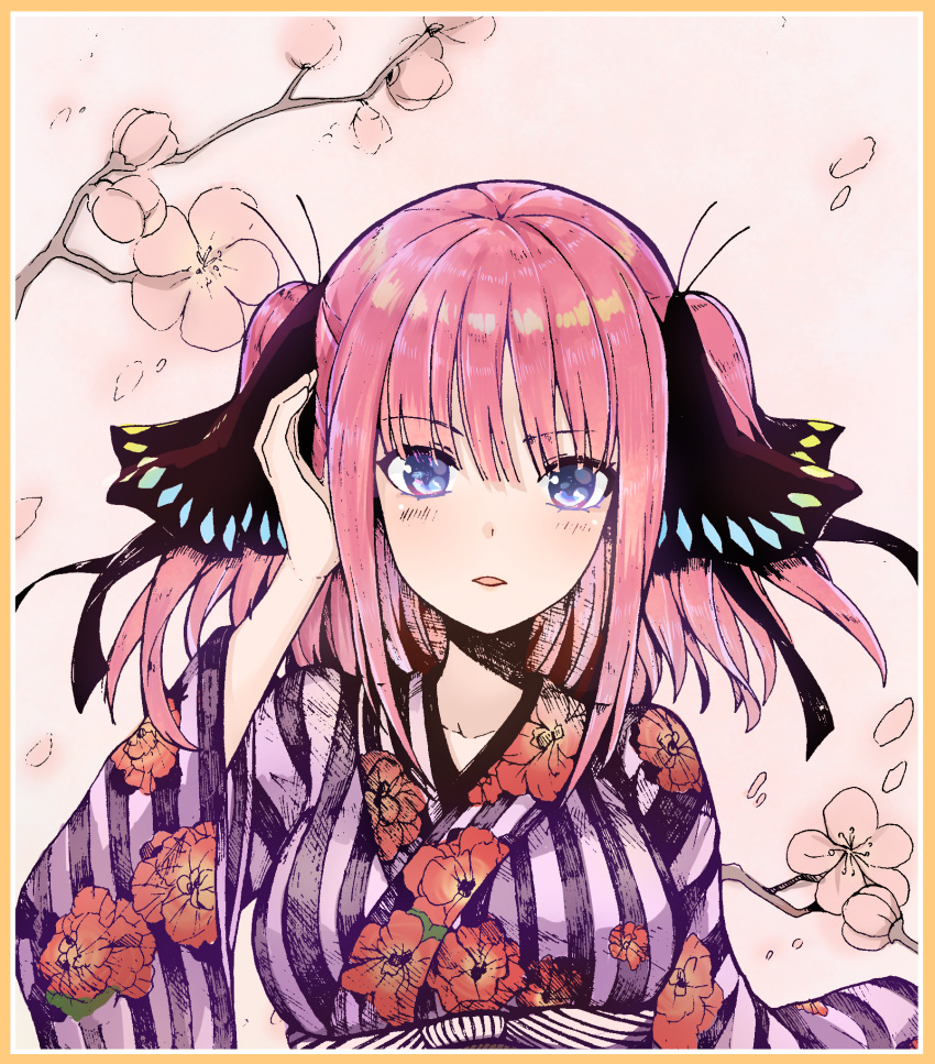 1girl bangs black_ribbon blue_eyes breasts collarbone commentary_request eyebrows_visible_through_hair floral_print flower go-toubun_no_hanayome hair_between_eyes hair_ribbon hand_up highres japanese_clothes kimono kiri_sakura long_hair long_sleeves looking_at_viewer medium_breasts nakano_nino parted_lips photo pink_flower pink_hair print_kimono purple_kimono ribbon shikishi solo striped traditional_media tree_branch two_side_up upper_body vertical-striped_kimono vertical_stripes wide_sleeves