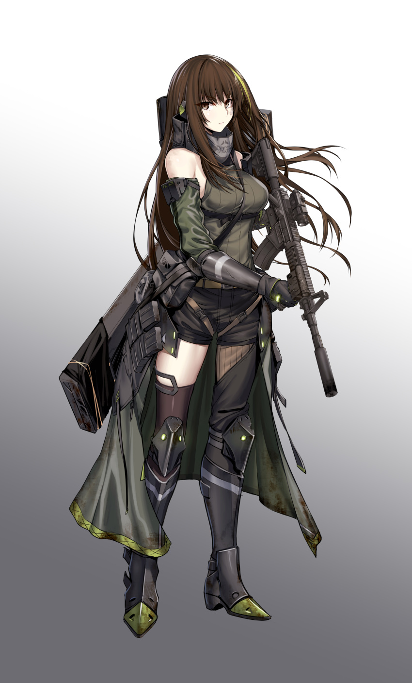 1girl absurdres assault_rifle bare_shoulders black_eyes black_hair boots breasts commentary full_body girls_frontline gloves green_hair gun highres holding holding_gun holding_weapon long_hair looking_at_viewer m4_carbine m4a1_(girls_frontline) medium_breasts multicolored_hair onceskylark rifle solo standing thigh-highs weapon