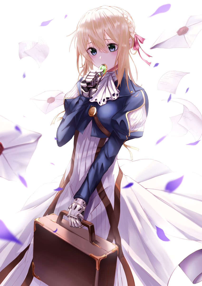 1girl absurdres bexercube blonde_hair blue_eyes blue_jacket blush braided_bun gem hair_between_eyes hair_ribbon high-waist_skirt highres holding jacket letter long_skirt long_sleeves medium_hair petals pink_ribbon prosthetic_hand ribbon skirt solo standing suitcase violet_evergarden violet_evergarden_(character) white_neckwear white_skirt