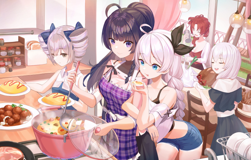 5girls absurdres ahoge bangs bare_shoulders black_hair black_shirt blue_bow blue_eyes bow braid breasts bronya_zaychik brown_eyes chair chicken_(food) cooking drill_hair eyebrows_visible_through_hair food grey_hair hair_bow hair_ornament happy highres honkai_(series) honkai_impact_3rd indoors ketchup kiana_kaslana large_breasts long_braid long_hair multiple_girls munseonghwa murata_himeko plate raiden_mei red_ribbon redhead ribbon shirt short_shorts shorts single_braid sleeveless small_breasts table theresa_apocalypse toast tongue tongue_out violet_eyes white_hair