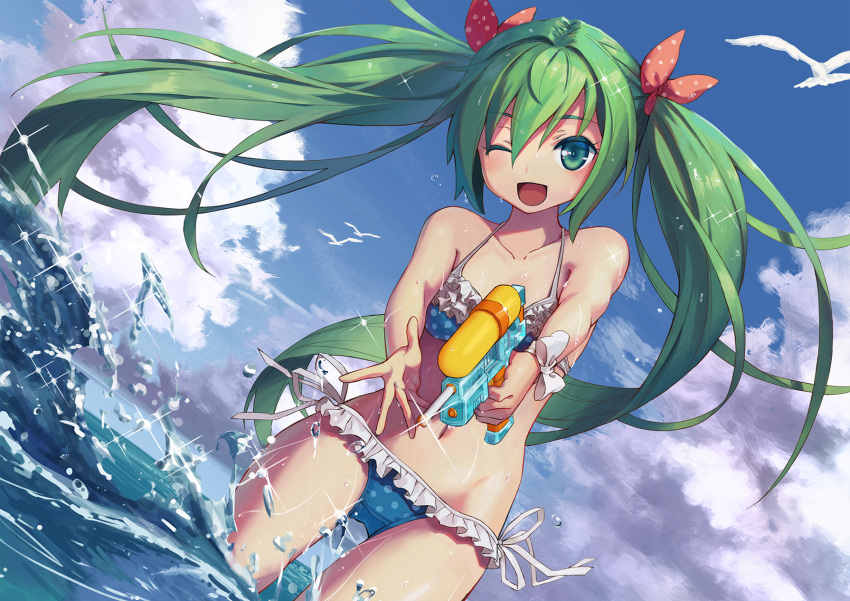 1girl bikini bird blue_sky bow clouds cloudy_sky collarbone commentary cowboy_shot crypton_future_media cute day dutch_angle frilled_bikini frills green_eyes green_hair hair_bow hatsune_miku highres holding_water_gun kyou-chan long_hair looking_at_viewer moe navel ocean one_eye_closed outdoors seagull sky smile solo summer swimsuit thigh_gap twintails very_long_hair vocaloid water water_drop water_gun waves yamaha_(company)