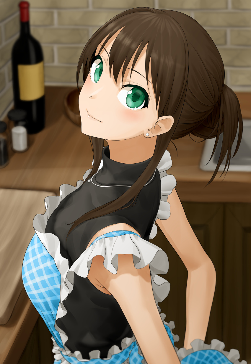 1girl absurdres apron arms_behind_back black_shirt blue_apron blurry blurry_background brown_hair closed_mouth earrings frilled_apron frills from_side gishu green_eyes hair_between_eyes hair_bun highres idolmaster idolmaster_cinderella_girls indoors jewelry kitchen looking_at_viewer necklace plaid plaid_apron shibuya_rin shirt short_hair_with_long_locks sidelocks sleeveless sleeveless_shirt smile solo standing tied_hair upper_body